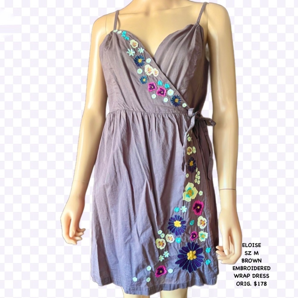 ELOISE SZ M BROWN EMBROIDERED WRAP DRESS